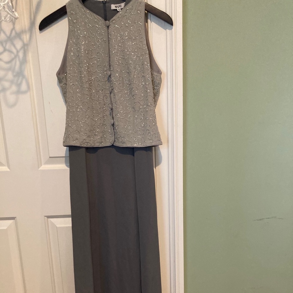 Mani by Armani long grey dress and sparkly vest.